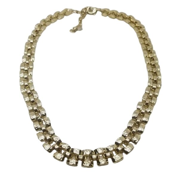 Gold Tone Necklace Rectangle Three Rows Link Necklace - Picture 1 of 9
